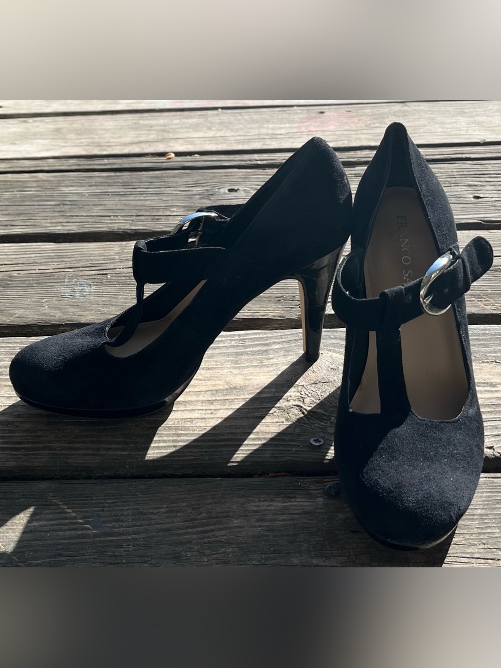 Franco Sarto Black Suede Mary Jane Heels with Silver Buckle